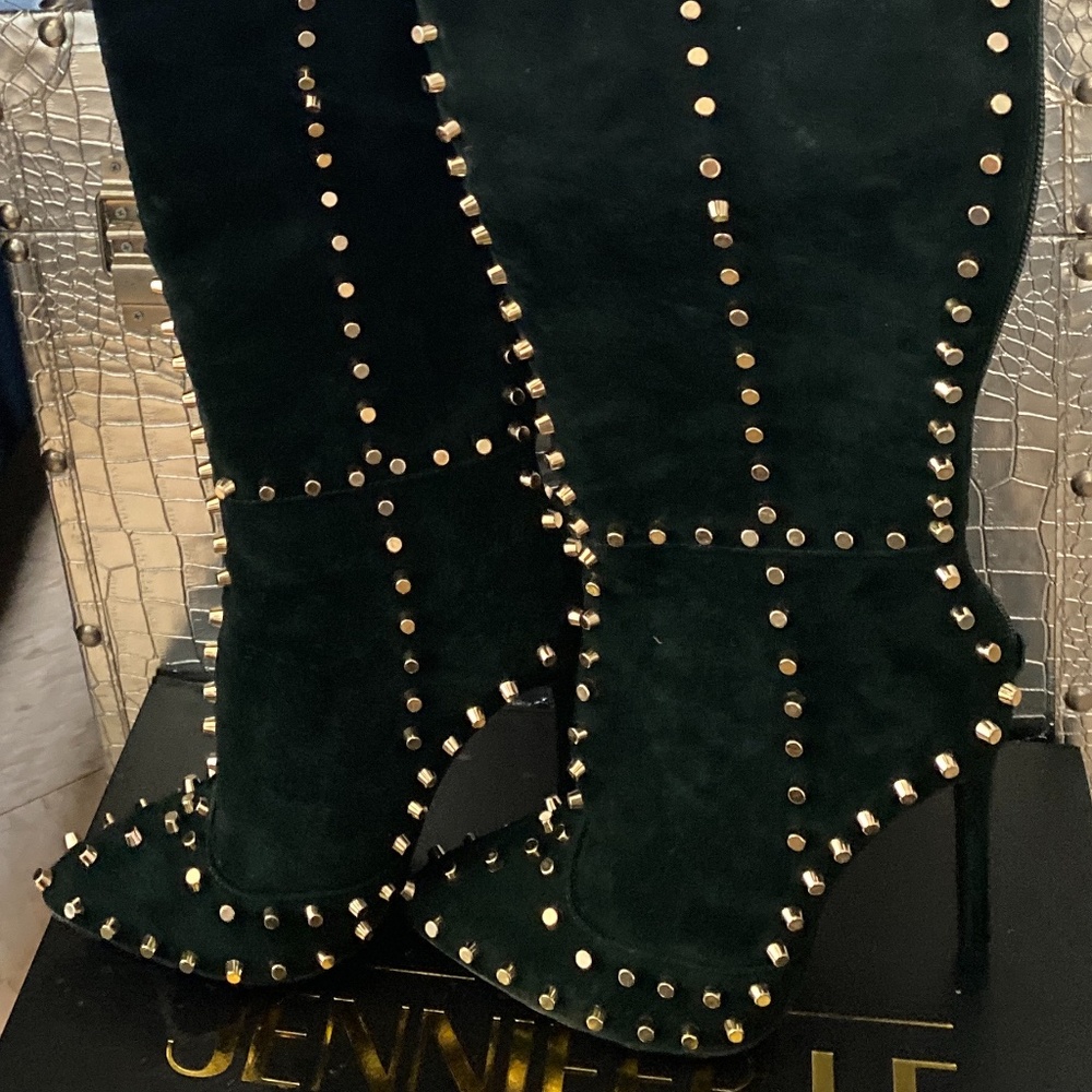 Jennifer Le Green Leather Boots with Gold Stud Details